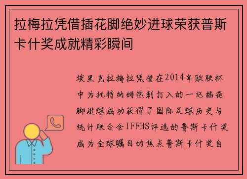 拉梅拉凭借插花脚绝妙进球荣获普斯卡什奖成就精彩瞬间