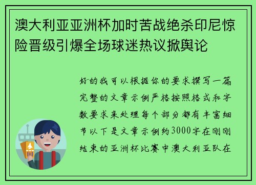 澳大利亚亚洲杯加时苦战绝杀印尼惊险晋级引爆全场球迷热议掀舆论 澳大利亚亚洲杯加时苦战绝杀印尼惊险晋级引爆全场球迷热议掀舆论