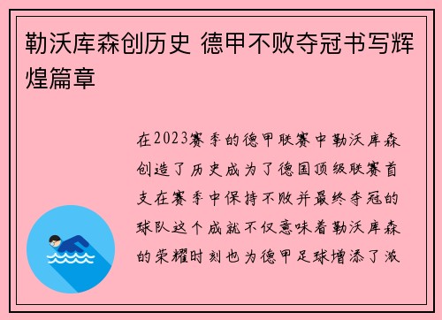 勒沃库森创历史 德甲不败夺冠书写辉煌篇章 勒沃库森创历史 德甲不败夺冠书写辉煌篇章